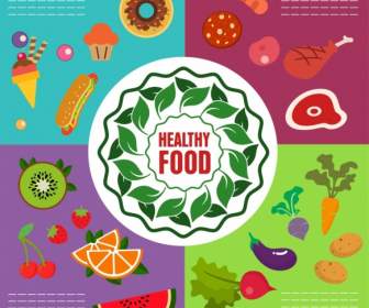 Healthy Food Banner Cakes Meats Fruits Vegetables Icons