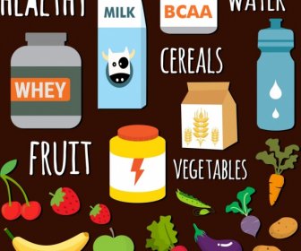 Healthy Food Icons Collection Various Multicolored Objects