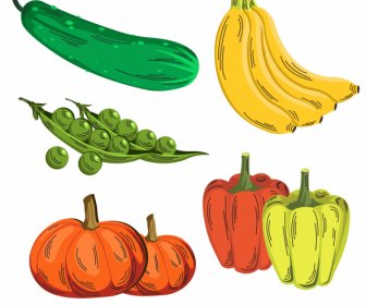 ícones Alimentares Saudáveis Coloridos Esboço Retrô