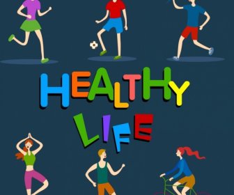 Healthy Life Background Sports Activities Icons Cartoon Sketch