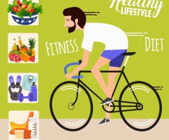 Hidup Sehat Banner Pengendara Sepeda Makanan Segar Dumbbel Ikon