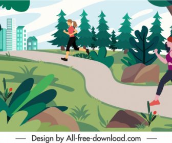 Gesunder Lebensstil Hintergrund Jogging Frauen Skizzieren Cartoon Design