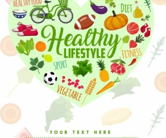 Healthy Lifestyle Banner Colorful Icons Heart Layout