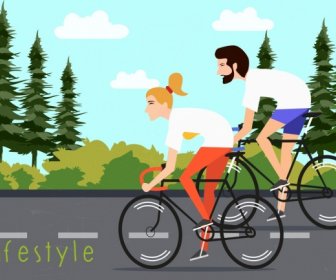 Healthy Lifestyle Banner Couple Riding Bicycle Colored Cartoon