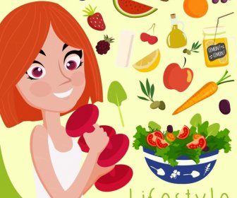 Healthy Lifestyle Banner Girl Fruits Icons Decoration