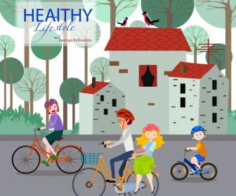 Healthy Lifestyle Banner Human Riding Bicycle Colored Design