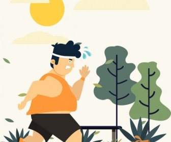 健康的生活方式横幅慢跑男子图标彩色卡通