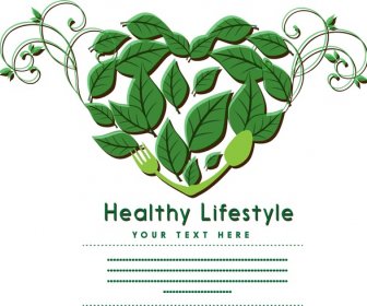건강 한 라이프 스타일 배너 나뭇잎과 하트 장식 디자인