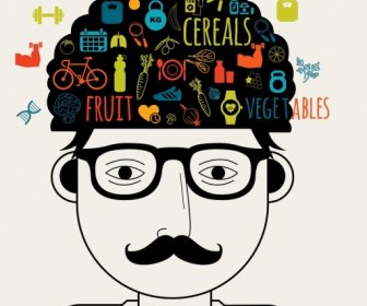 健康的なライフ スタイルのバナー男脳食べ物アイコン装飾