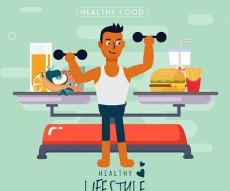 Healthy Lifestyle Banner Man Gym Food Scale Icons