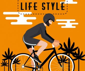 건강 한 라이프 스타일 배너 남자 승마 자전거 컬러 만화