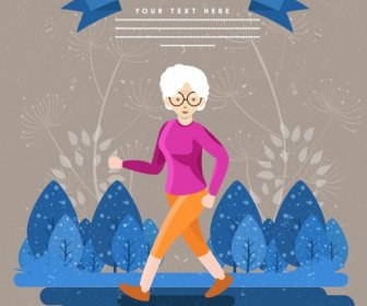 أسلوب حياة صحي شعار السيدة العجوز يمشي تصميم الرسوم المتحركة