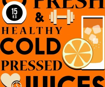 健康的なライフ スタイルのバナー オレンジ ジュース ダンベル テキスト アイコン