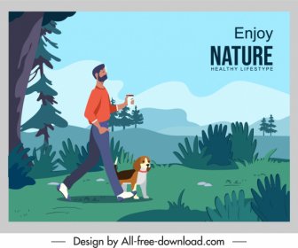 Healthy Lifestyle Banner Walking Man Nature Scenery Sketch
