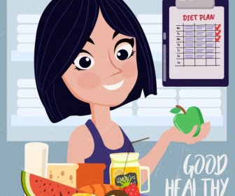 Healthy Lifestyle Banner Woman Fruits Icons Colored Cartoon