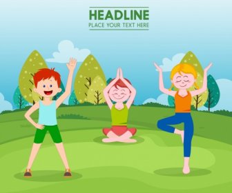 Healthy Lifestyle Banner Young People Exercising Colored Cartoon