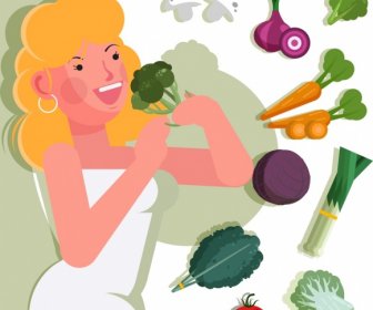 Gaya Hidup Sehat Banner Sayuran Wanita Muda Ikon Dekorasi