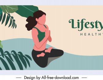 Healthy Lifestyle Banner Zen Theme Cartoon Sketch