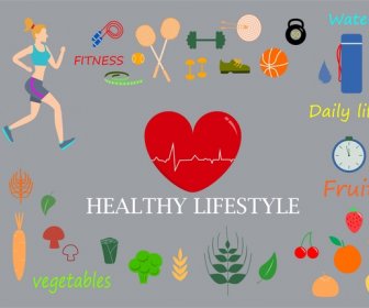 Healthy Lifestyle Design Elements In Flat Colored Style