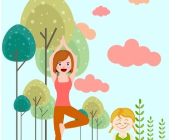 Gaya Hidup Sehat Yang Menggambar Kartun Berwarna Perempuan Yoga