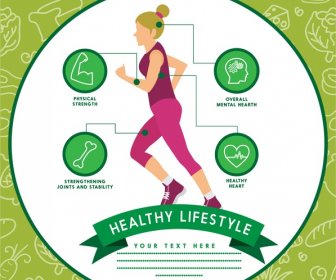Sağlıklı Yaşam Infographic Kadın Egzersiz Yeşil Vignette Arka Plan