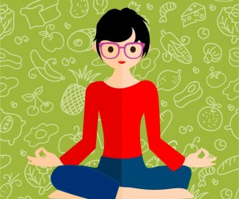 食べ物の背景に健康的なライフ スタイル テーマ女性瞑想
