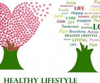 Healthy Lifestyle Theme Hearts And Words Trees Design