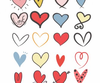 Heart Icons Collection Colored Handdrawn Flat Sketch