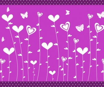 Hearts Flowers Background Violet Flat Design Butterflies Icons