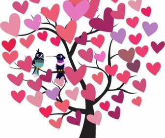 Hearts Tree Icon Woodpeckers Couple Decoration