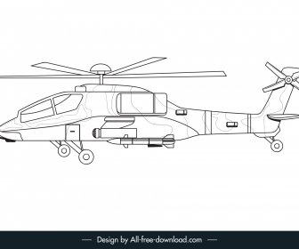 Icono Del Ejército De Helicópteros Blanco Negro Contorno Dibujado A Mano