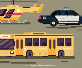 Helicopter Car Bus Vehicles Icons Colored Modern Sketch