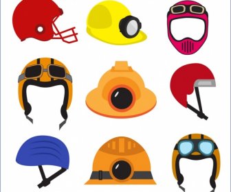 ヘルメットのアイコンのコレクションの様々な色のタイプを分離