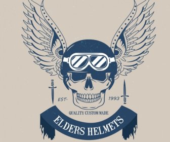 Helm Logo Desain Tengkorak Sayap Ikon Biru Gelap