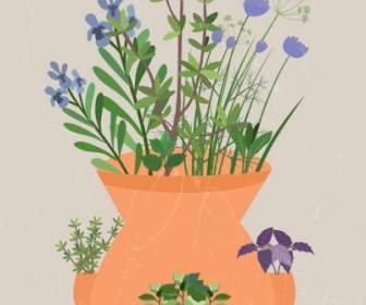 Herbal Flowers Background Pot Icon Colorful Design