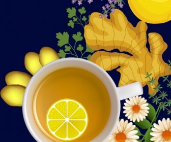 Herbal Tea Advertisement Colored Flower Fruits Decoration