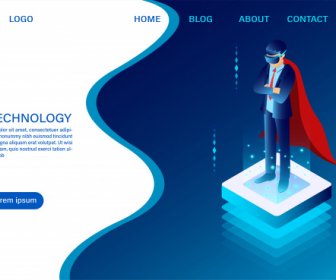 Hero Businessman Is Standing Wearing Goggle Vr On The Luminous Button Concept It Technology Web Header Template Flat Isometric Vector Illustration