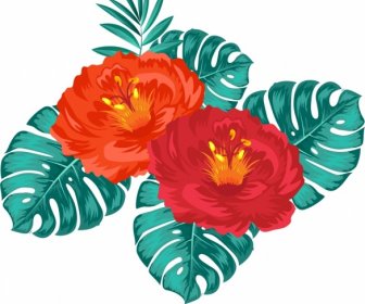 Hibiscus Painting Red Green Classical Sketch