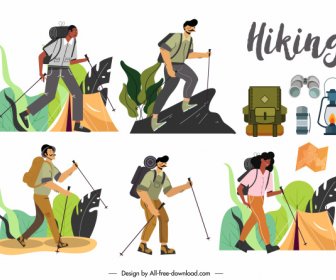 Hiking Icons Classic Design Cartoon Characters Sketch