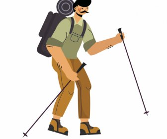 Escursionismo Uomo Icona Cartone Animato Carattere Schizzo