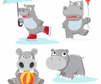 Hippo Characters Icons Funny Stylized Sketch