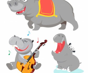 Hippo Icons Cute Cartoon Sketch Stylized Design