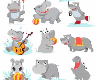 Iconos De Hipopótamos Lindos Personajes De Dibujos Animados Estilizados Bocetos