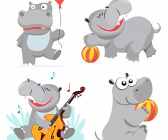 Iconos De Hipopótamos Lindo Boceto De Dibujos Animados Estilizados Actividades Alegres