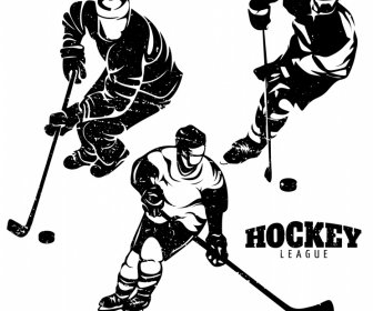 Hockey Players Design Elements Retro Dynamic Silhouettes Sketch