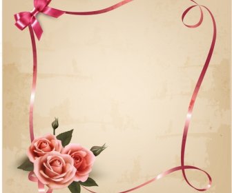 Holiday Background With Pink Roses And Ribbons