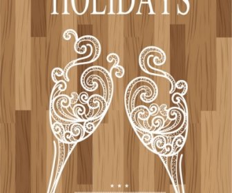 Holiday Banner Wine Glasses Icons Wooden Backdrop