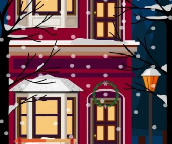 Holiday Poster Winter Background Falling Snow House Icons