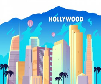 ハリウッドロサンゼルスの風景の背景に平らな高層ビルの装飾