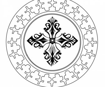 Ikon Tanda Tuan Rumah Salib Suci Garis Besar Lingkaran Siluet Simetris Hitam Putih